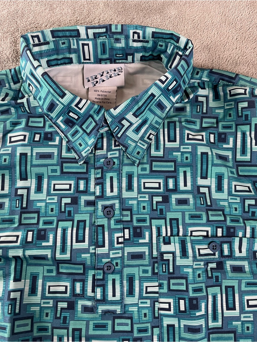 Retro Art Deco Vintage Style Polo Shirt Men’s Medium Irvine Park Blue squares
